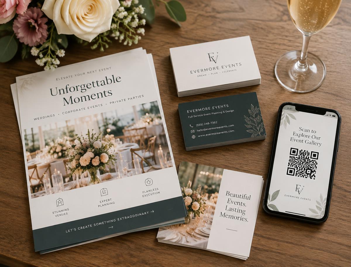 Flyer, Visitenkarten und Smartphone mit QR-Code als Werbematerial